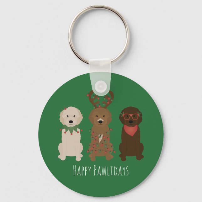 Lycklig Pawlidays Goldendoodle jul Ljus Nyckelring (Framsida)