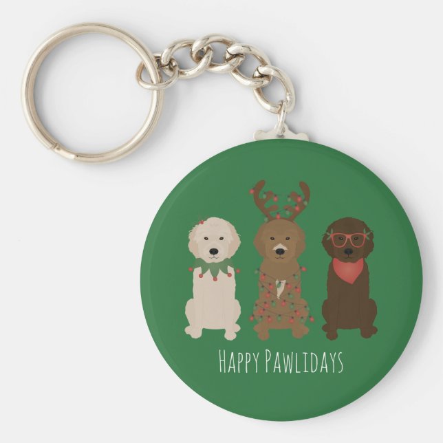Lycklig Pawlidays Goldendoodle jul Ljus Nyckelring (Framsidan)