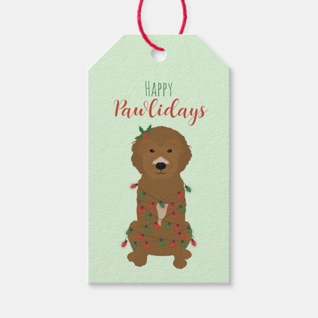 Lycklig Pawlidays Goldendoodle jul Ljus Presentetikett (Framsidan)