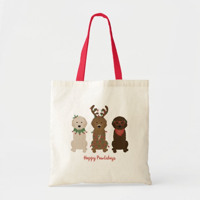 Lycklig Pawlidays Goldendoodle jul Ljus Tygkasse (Framsidan)