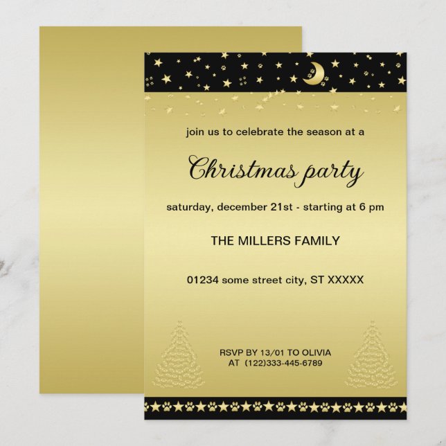 Lycklig Pawlidays, Guld shiny Tass Julgran Inbjudningar (Fram/baksida)