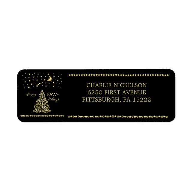 Lycklig Pawlidays, Guld shiny Tass Julgran Returadress Etikett (Framsidan)
