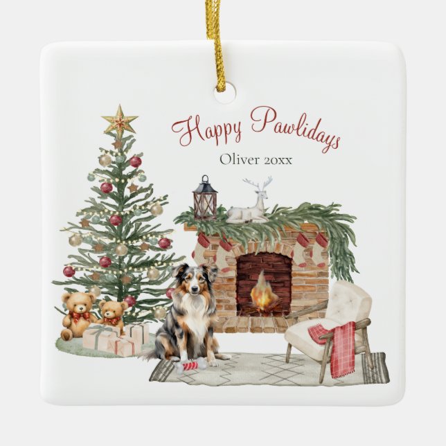 Lycklig Pawlidays Hund design-Australian shepherd Julgransprydnad Keramik (Framsida)