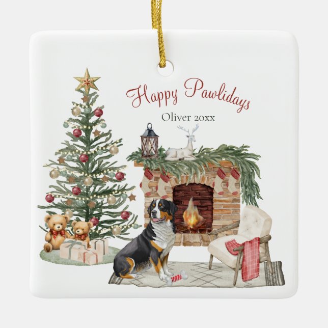 Lycklig Pawlidays Hund design-Bernese Mountain Hun Julgransprydnad Keramik (Framsida)