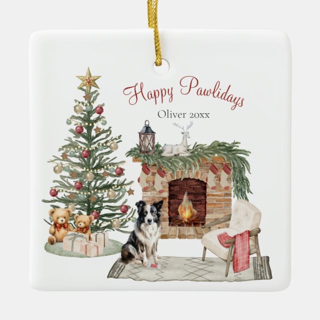 Lycklig Pawlidays Hund design-Collie Julgransprydnad Keramik (Framsida)