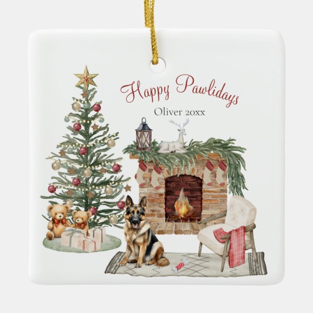 Lycklig Pawlidays Hund design - German Shepherd Julgransprydnad Keramik (Framsida)