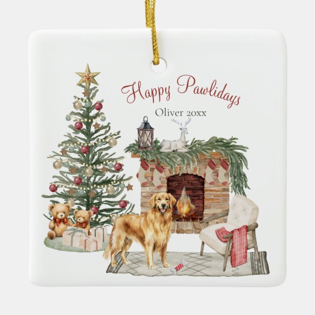 Lycklig Pawlidays Hund design - Golden Retriever Julgransprydnad Keramik (Framsida)