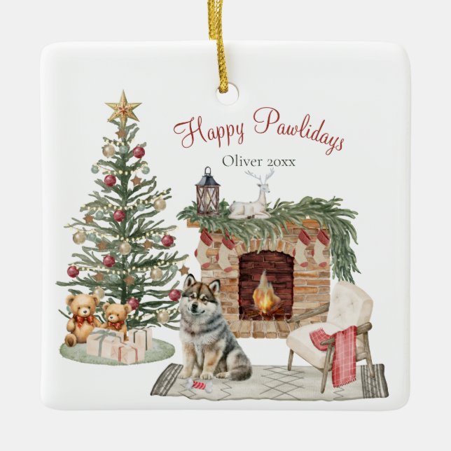 Lycklig Pawlidays Hund design-Husky Julgransprydnad Keramik (Framsida)