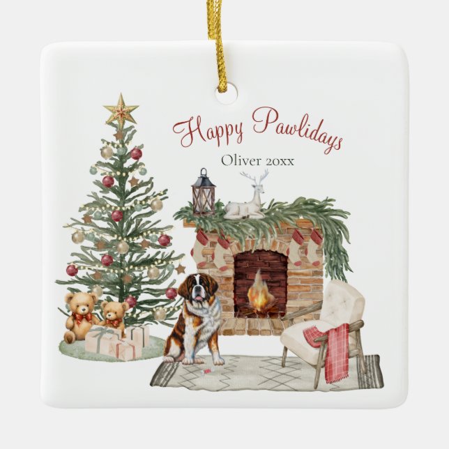 Lycklig Pawlidays Hund design-St Bernard Julgransprydnad Keramik (Framsida)