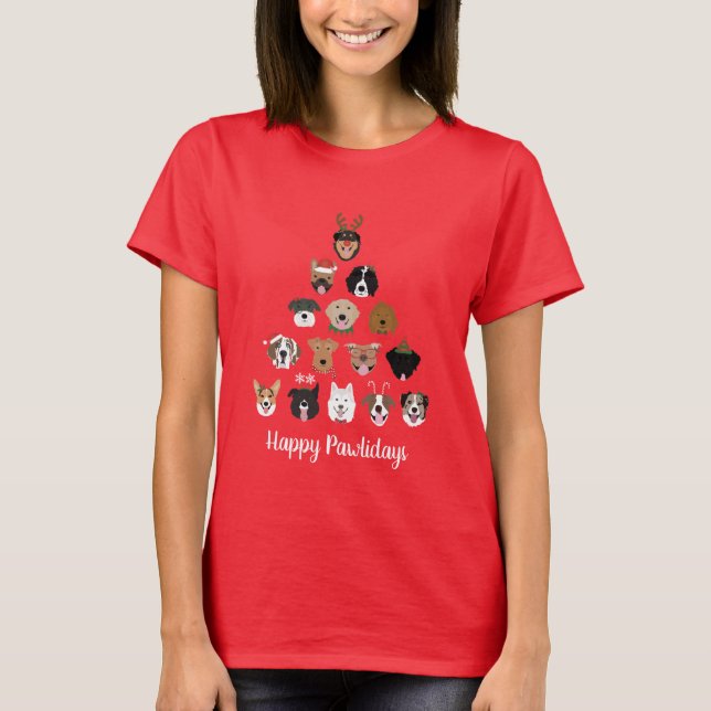 Lycklig Pawlidays Hund Julgran T Shirt (Framsida)