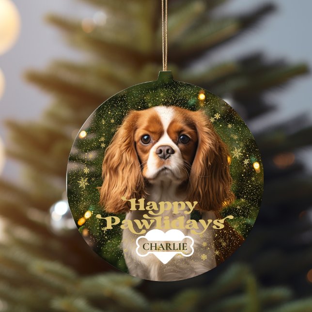 Lycklig Pawlidays Hund Puppy Pet Heart Bone Photo Julgransprydnad Keramik (Happy Pawlidays Dog Puppy Pet Heart Bone Photo Ceramic Ornament)