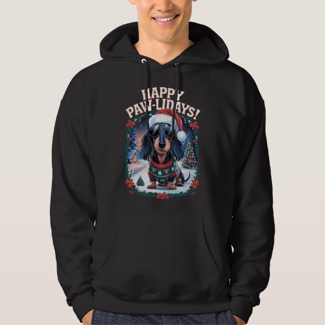 Lycklig Pawlidays Long-HERDachshund God jul Hoodie (Framsida)