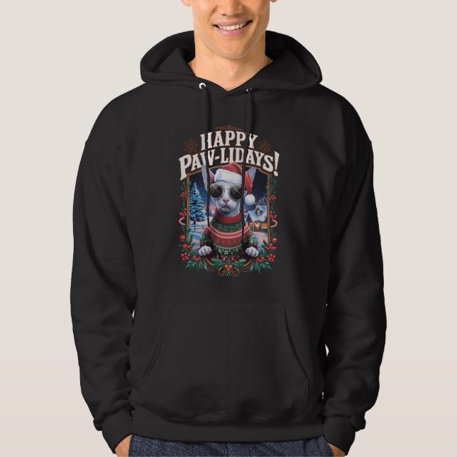 Lycklig Pawlidays Sphynx Cat God jul Helgdag Hoodie (Framsida)