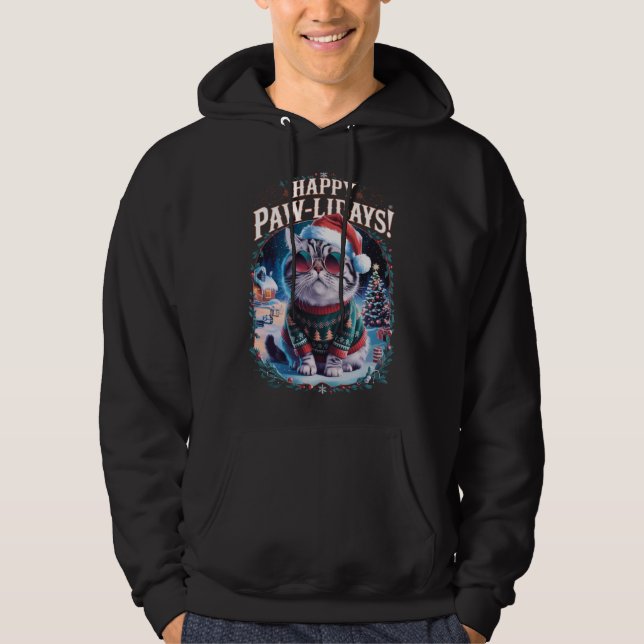 Lycklig Pawlidays Tuxedo Cat God jul Helgdag Hoodie (Framsida)
