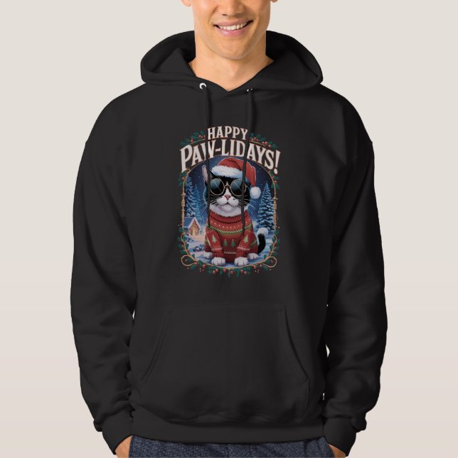 Lycklig Pawlidays Tuxedo Cat God jul Helgdag Hoodie (Framsida)