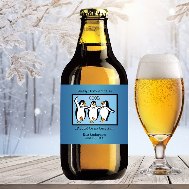 Lycklig Penguin Dancing Marskalkars Beer Label Ölflaska Etikett (A cute beer label featuring happily dancing cartoon penguins. Great to ask a best man)