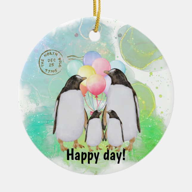 Lycklig penguin-familjen med färgstarka ballonger julgransprydnad keramik (Framsidan)