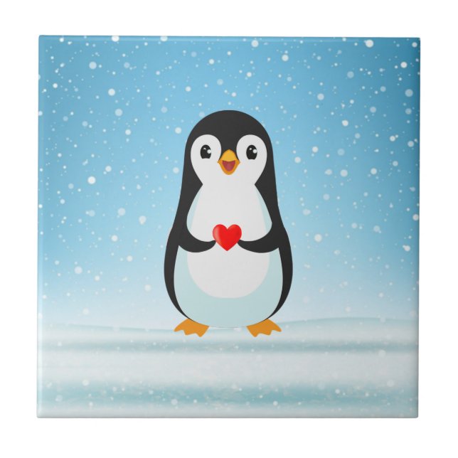 Lycklig Penguin Holding a Heart Kakelplatta (Framsidan)