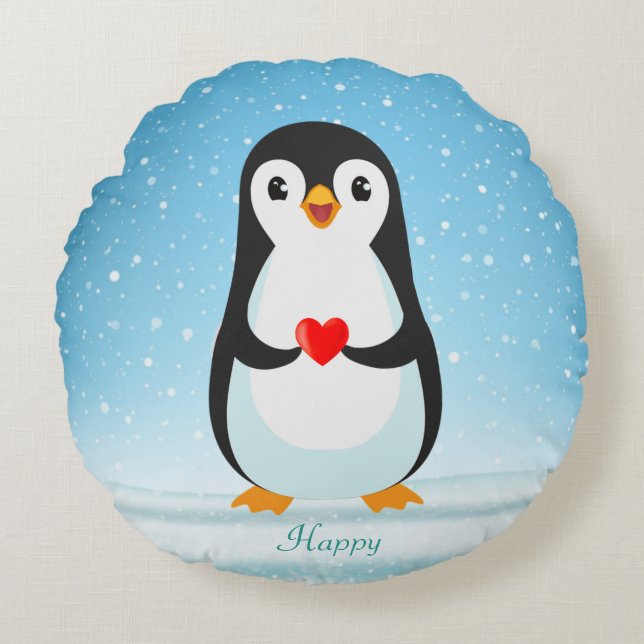 Lycklig Penguin Holding a Heart Rund Kudde (Framsidan)