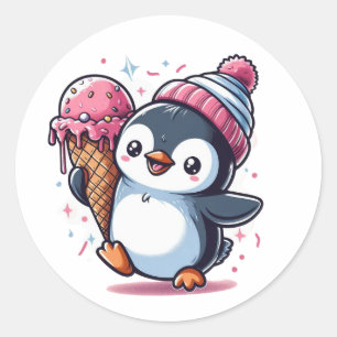 Lycklig Penguin med Cone Sticker för iscram Runt Klistermärke