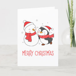 Lycklig Penguin och Snögubbe God jul Helgkort
