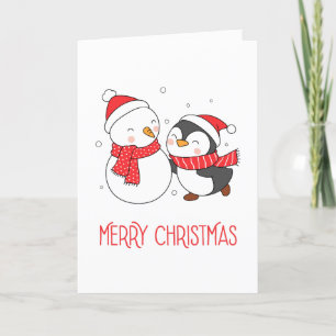 Lycklig Penguin och Snögubbe God jul Helgkort