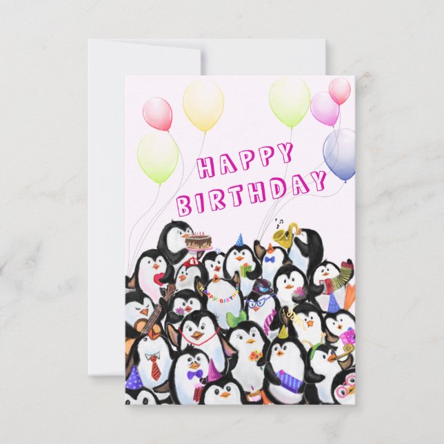 Lycklig Penguin Party-födelsedagskort - Anpassade Kort (Framsida)