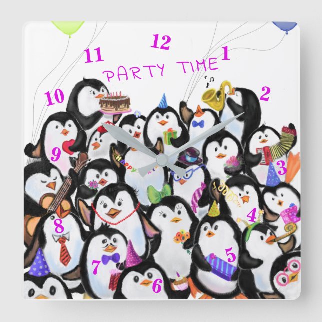 Lycklig Penguins Party Tecknad Teckning - Cute Fun Fyrkantig Klocka (Framsida)