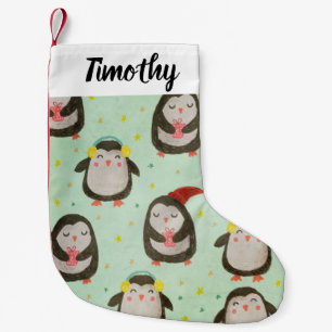 Lycklig Penguins Wearing Santa Hats w/Ear Muffs Liten Julstrumpa