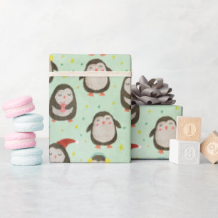 Lycklig Penguins Wearing Santa Hats w/Ear Muffs Presentpapper