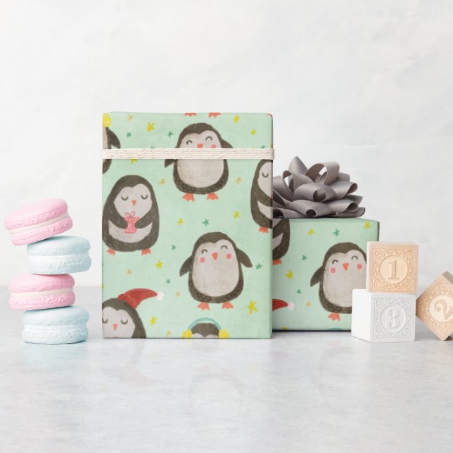 Lycklig Penguins Wearing Santa Hats w/Ear Muffs Presentpapper (Baby Shower)