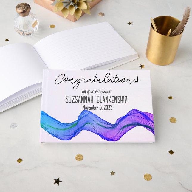 Lycklig Pension Blue Lila Watercolor Anpassningsba Gästböcker (Framsida öppen)