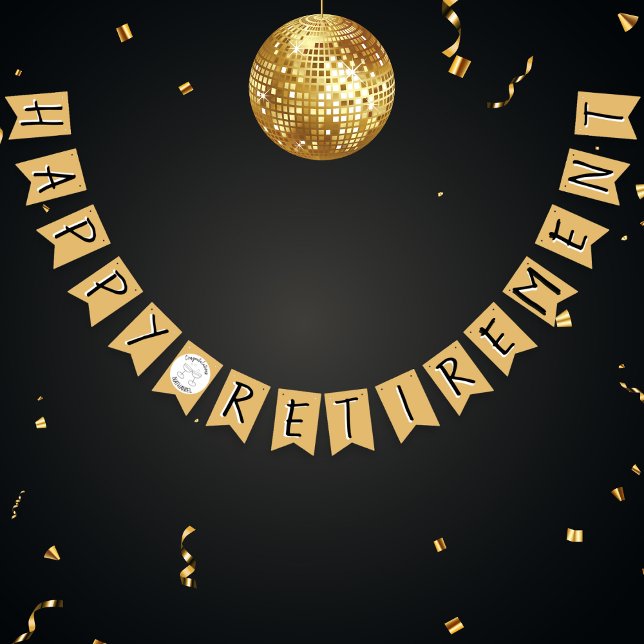 Lycklig Pension Faux Guld Grattis Party Vimplar (Happy Retirement bunting in faux gold, black and white. Ideal decoration for a retirement part)