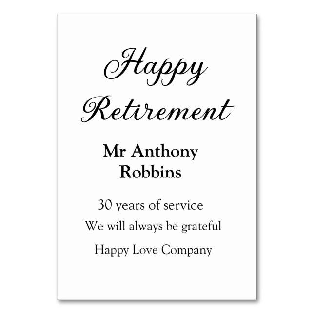 Lycklig pension lägger till namn-tjänstens pension bordsnummer (Framsidan)