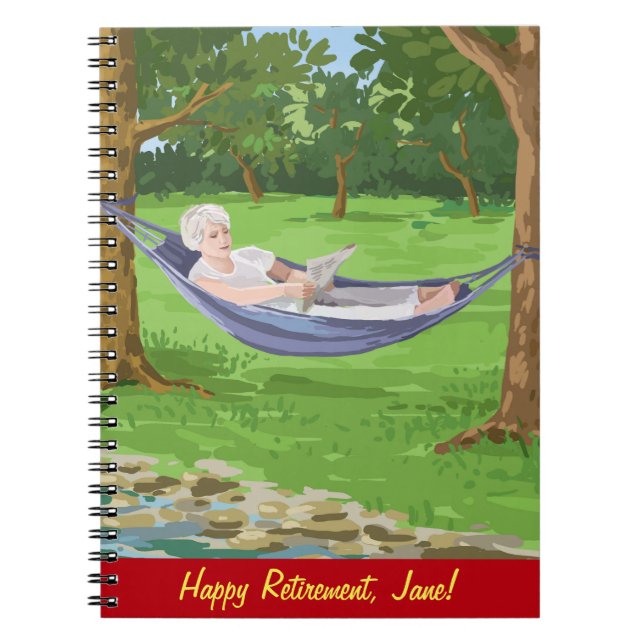 Lycklig Pension personalize (Dam i Hammock) Anteckningsbok (Framsidan)