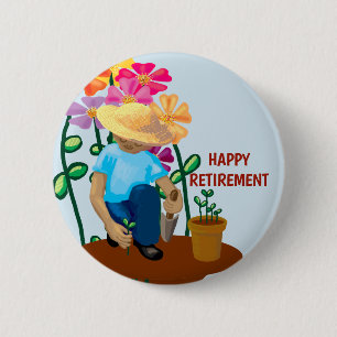 Lycklig Pension Retiree med blommor Knapp
