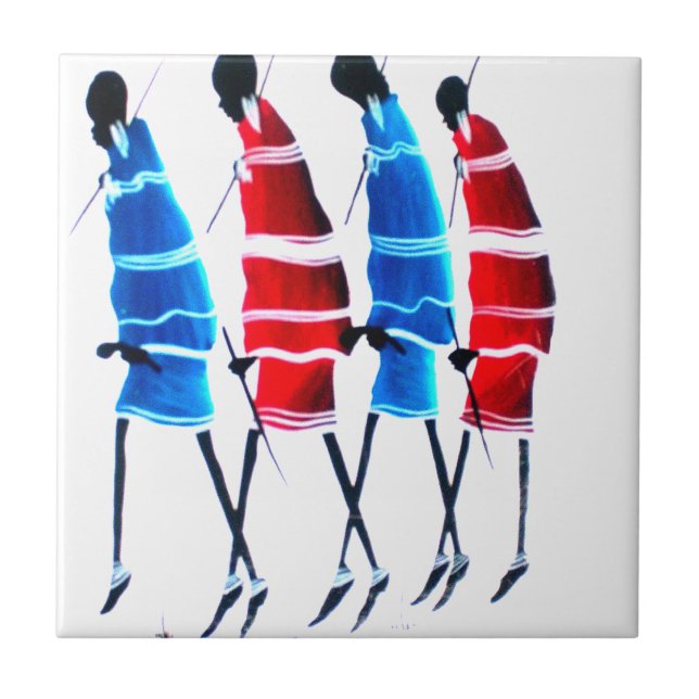 Lycklig People Maasai Warriors Walking Art Print Kakelplatta (Framsidan)