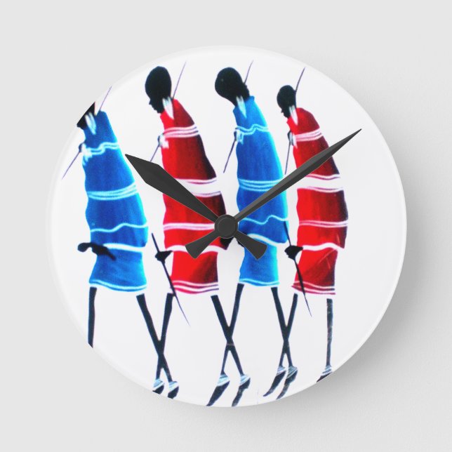 Lycklig People Maasai Warriors Walking Art Print Rund Klocka (Framsida)