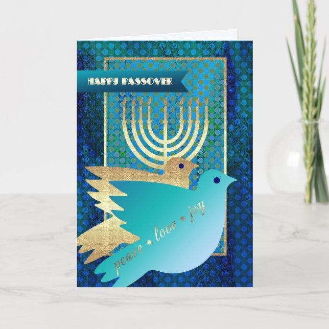 Lycklig Pesach. Fredduvor och Menorah Kort (Framsida)