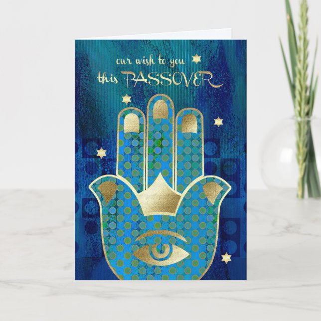 Lycklig Pesach. Hamsa Hand Lucky Symbol Kort (Framsida)
