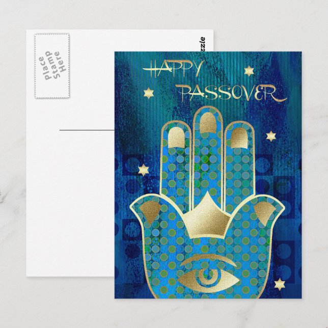 Lycklig Pesach. Hamsa Hand Lucky Symbol Vykort (Fram/baksida)