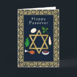 Lycklig Pesach Seder plate Star of David  Helgkort<br><div class="desc">Blå och guld "Lycklig Pesach"-hälsningskort med Sederplatta och David-stjärnan.Du kan anpassa hälsning på framsidan och meddelandet på insidan av kortet.</div>