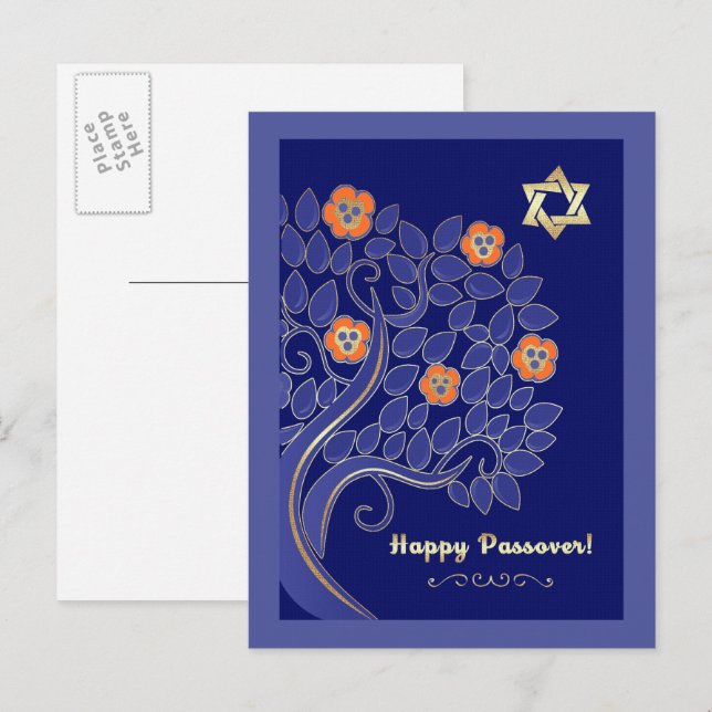 Lycklig Pesach. Vår Blommar Träd Vykort (Fram/baksida)