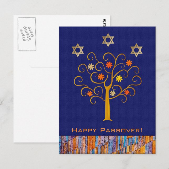 Lycklig Pesach. vykort för vår Blommar Träd (Fram/baksida)