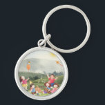 Lycklig Picnic Editable Birthday Kids Garden Farm Rund Silverfärgad Nyckelring<br><div class="desc">Den här roligten och den söta nyckelkedjan i barn har en glatt picknick omgiven av natur, färskt luft och soligt himlar. Vi ser barn leka, en kitflygning, en ballong, en tårta, en gitarr, en picknick basket och en liten fågel sitta på en ballong. Underbara partier föredrar för barn och gör...</div>