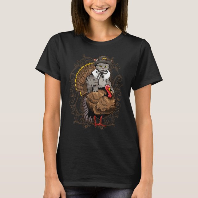 Lycklig Pilgrim Cat Thanksgiving Costume Turkey Ho T Shirt (Framsida)