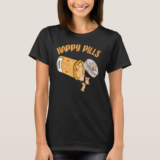 Lycklig Pills Corgis Hund T Shirt (Framsida)