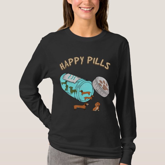 Lycklig Pills Dachshund, Hund älskare Gift T Shirt (Framsida)