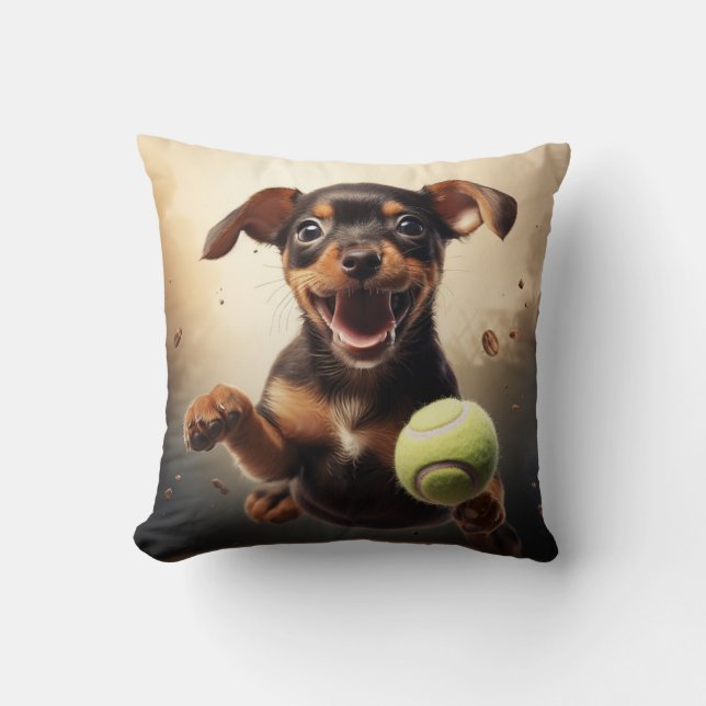 🐕 Lycklig Pinscher-Valp med Tennis boll Kudde (Framsida)