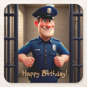 Lycklig Policeman Birthday Underlägg Papper Kvadrat